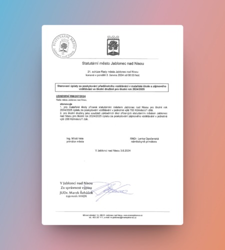 Stanovení úplaty za poskytování předškolního vzdělávání v MŠ a ŠD 2024/2025